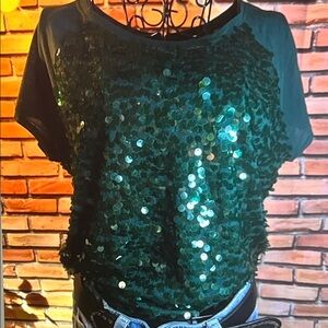 👚 (Ann Taylor) Loft Large Sequin T-Shirt Blouse - Emerald Green - Sz Large